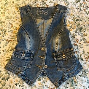 Denim Vest with Button Details and Accented Embroidery